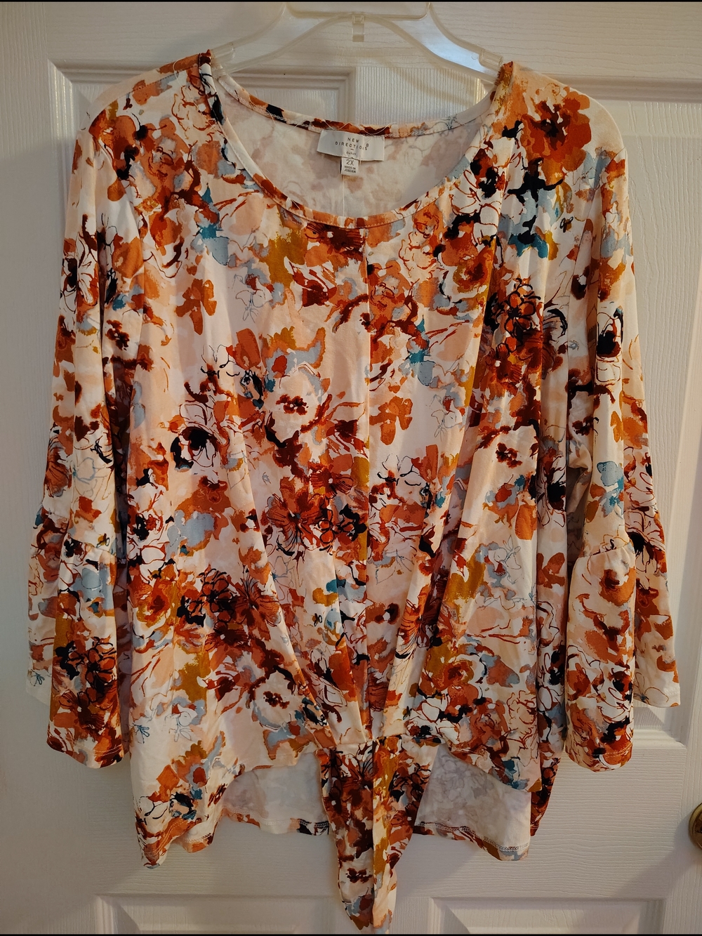 new directions Cream Floral Tie-Front Blouse with Rust & Blue Accents 2XL